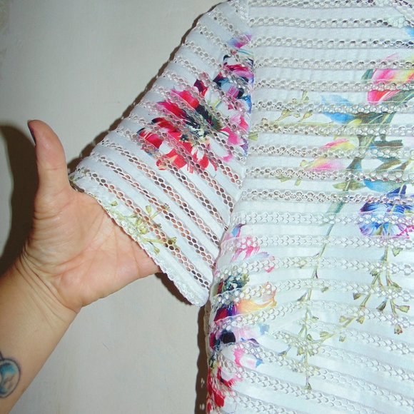 Forever 21 Multicolor Floral White Mini Full Dress With Mesh Striped Large Women - Picture 4 of 10